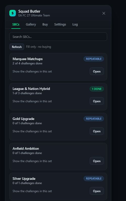 The Squad Butler panel inside the EA FC web app
